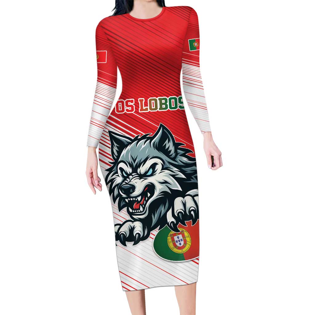 Custom Portugal Rugby Go Champions Long Sleeve Bodycon Dress Wolf Mascot Style