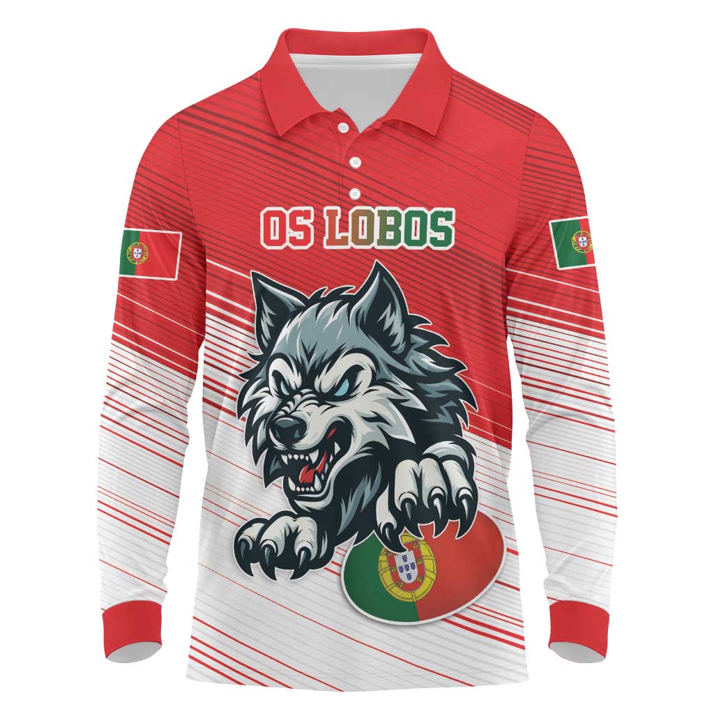 Custom Portugal Rugby Go Champions Long Sleeve Polo Shirt Wolf Mascot Style