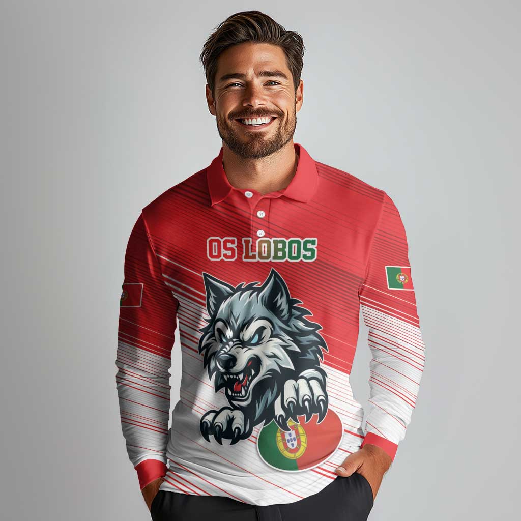 Custom Portugal Rugby Go Champions Long Sleeve Polo Shirt Wolf Mascot Style