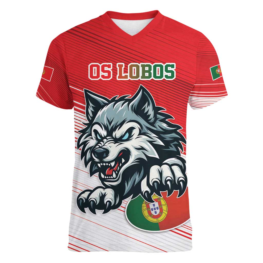 Custom Portugal Rugby Go Champions Women V-Neck T-Shirt Wolf Mascot Style