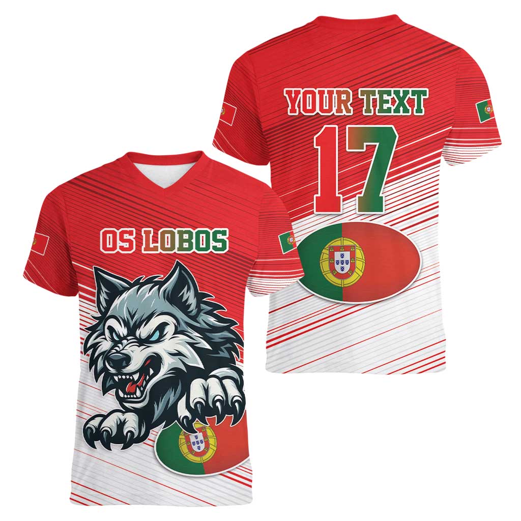 Custom Portugal Rugby Go Champions Women V-Neck T-Shirt Wolf Mascot Style