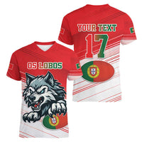 Custom Portugal Rugby Go Champions Women V-Neck T-Shirt Wolf Mascot Style
