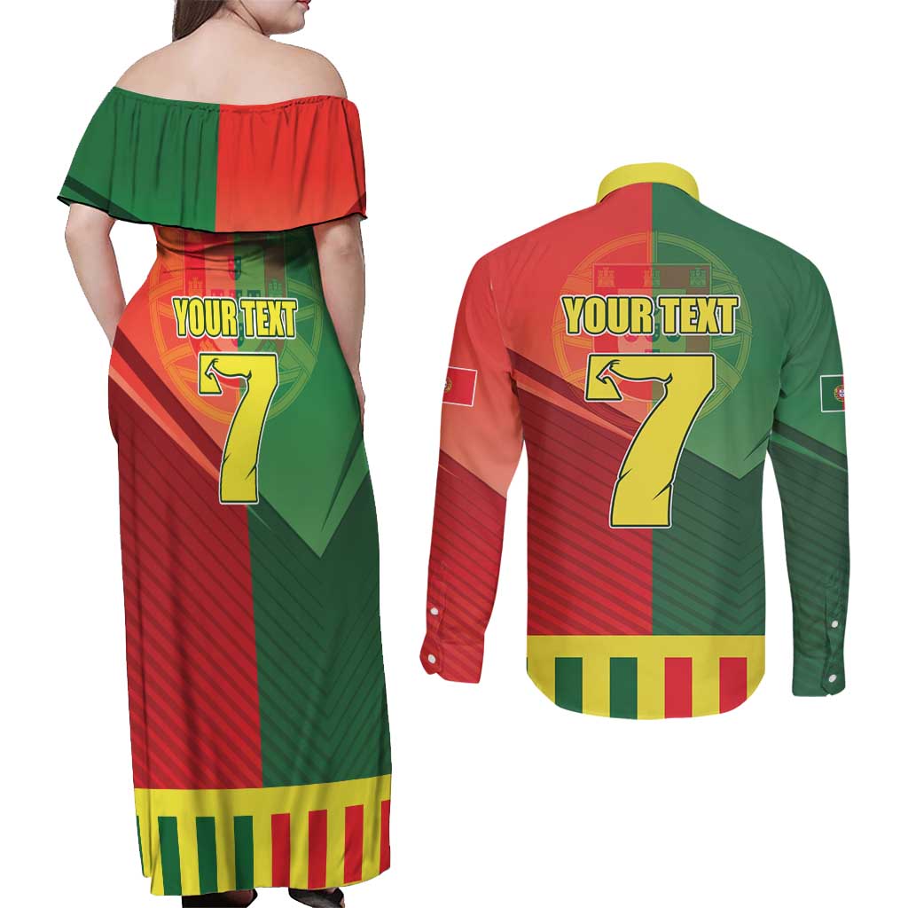 Personalized Portugal 7 Goat Couples Matching Off Shoulder Maxi Dress and Long Sleeve Button Shirt Greatest Of All Time Sporty Style