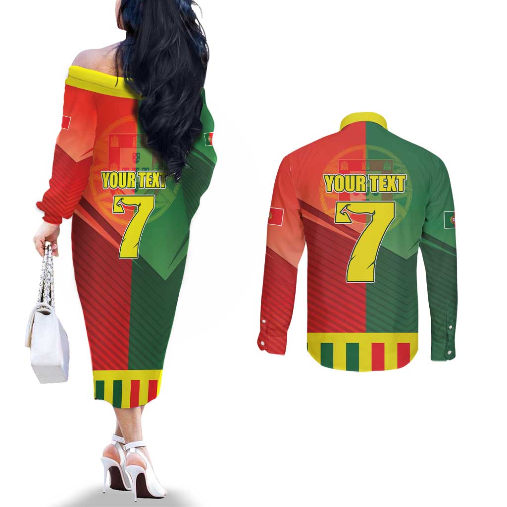 Personalized Portugal 7 Goat Couples Matching Off The Shoulder Long Sleeve Dress and Long Sleeve Button Shirt Greatest Of All Time Sporty Style