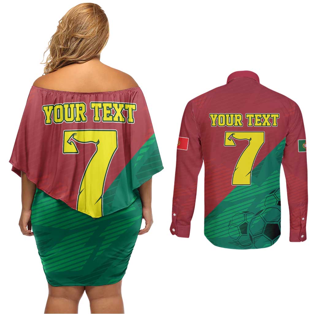 Personalized Portugal 7 Goat Couples Matching Off Shoulder Short Dress and Long Sleeve Button Shirt Greatest Of All Time Red Green Vintage