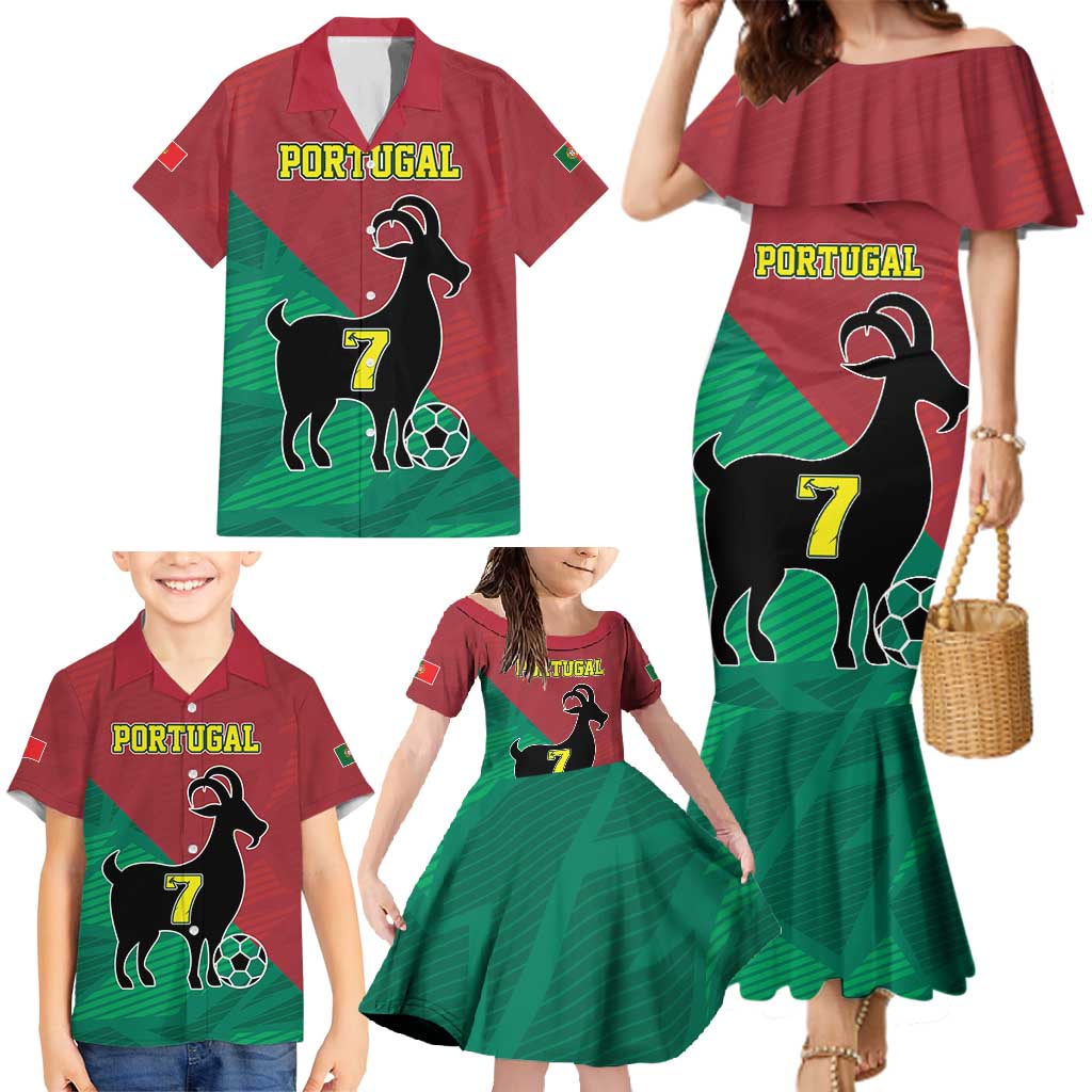 Personalized Portugal 7 Goat Family Matching Mermaid Dress and Hawaiian Shirt Greatest Of All Time Red Green Vintage