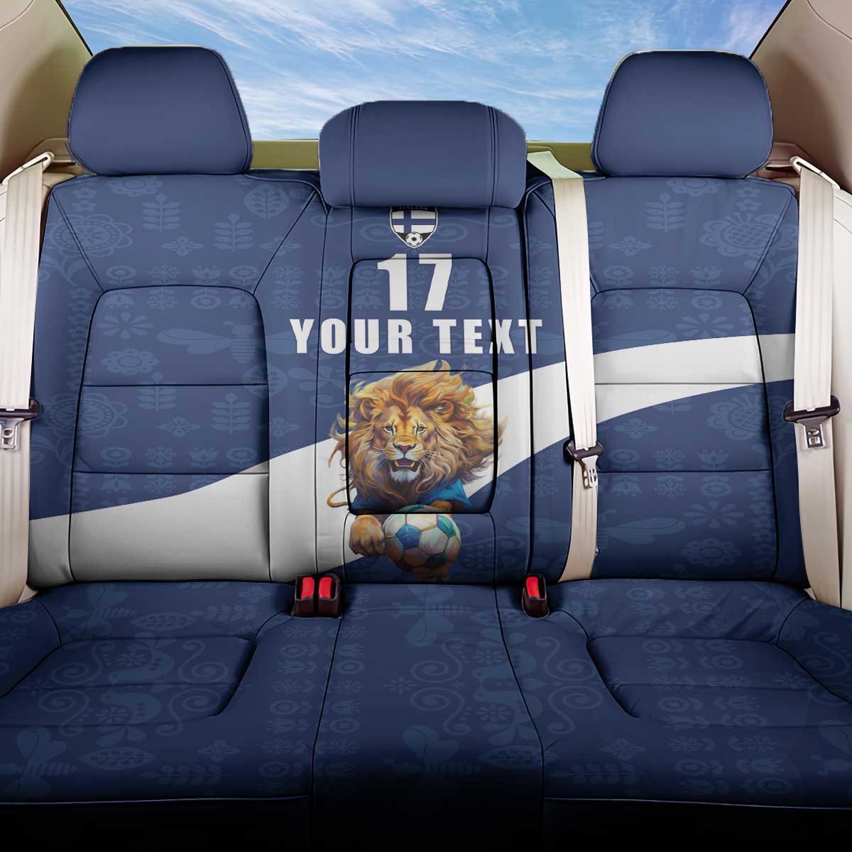 Custom Finland Football Lion Mascot Back Car Seat Cover Huuhkajat with Finnish Folk Paterns