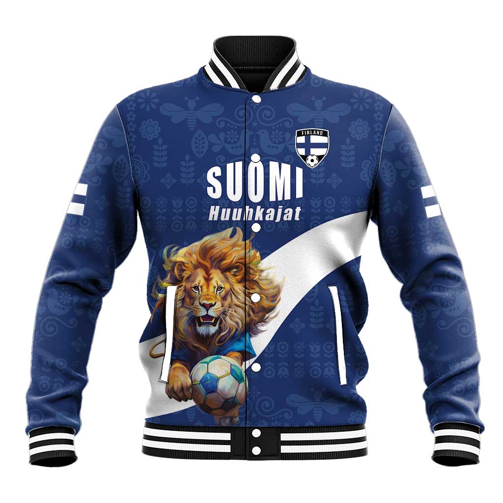 Custom Finland Football Lion Mascot Baseball Jacket Huuhkajat with Finnish Folk Paterns