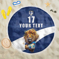 Custom Finland Football Lion Mascot Beach Blanket Huuhkajat with Finnish Folk Paterns