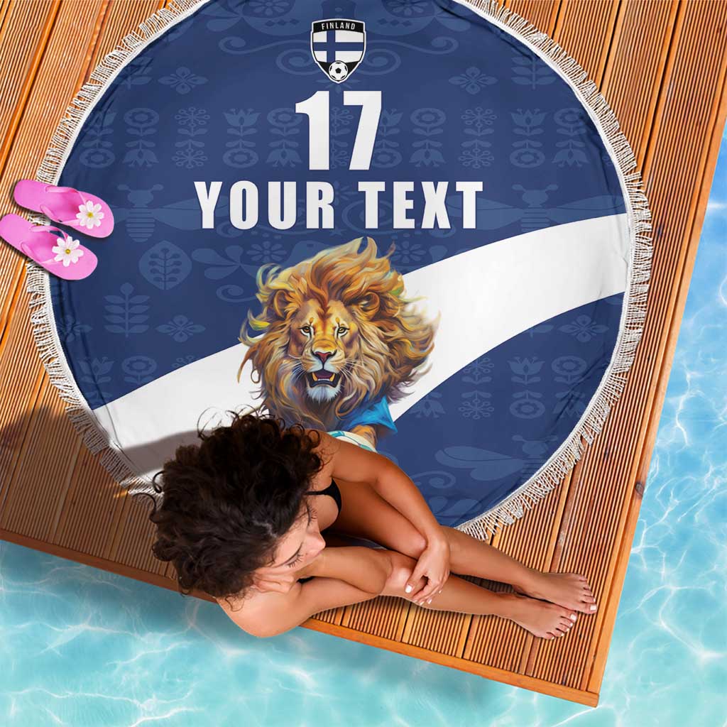 Custom Finland Football Lion Mascot Beach Blanket Huuhkajat with Finnish Folk Paterns