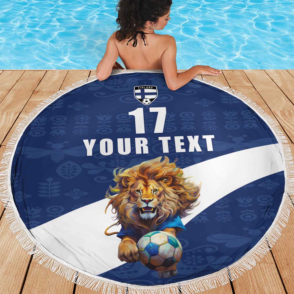 Custom Finland Football Lion Mascot Beach Blanket Huuhkajat with Finnish Folk Paterns