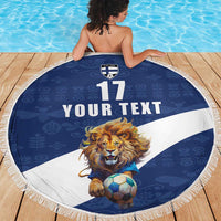 Custom Finland Football Lion Mascot Beach Blanket Huuhkajat with Finnish Folk Paterns