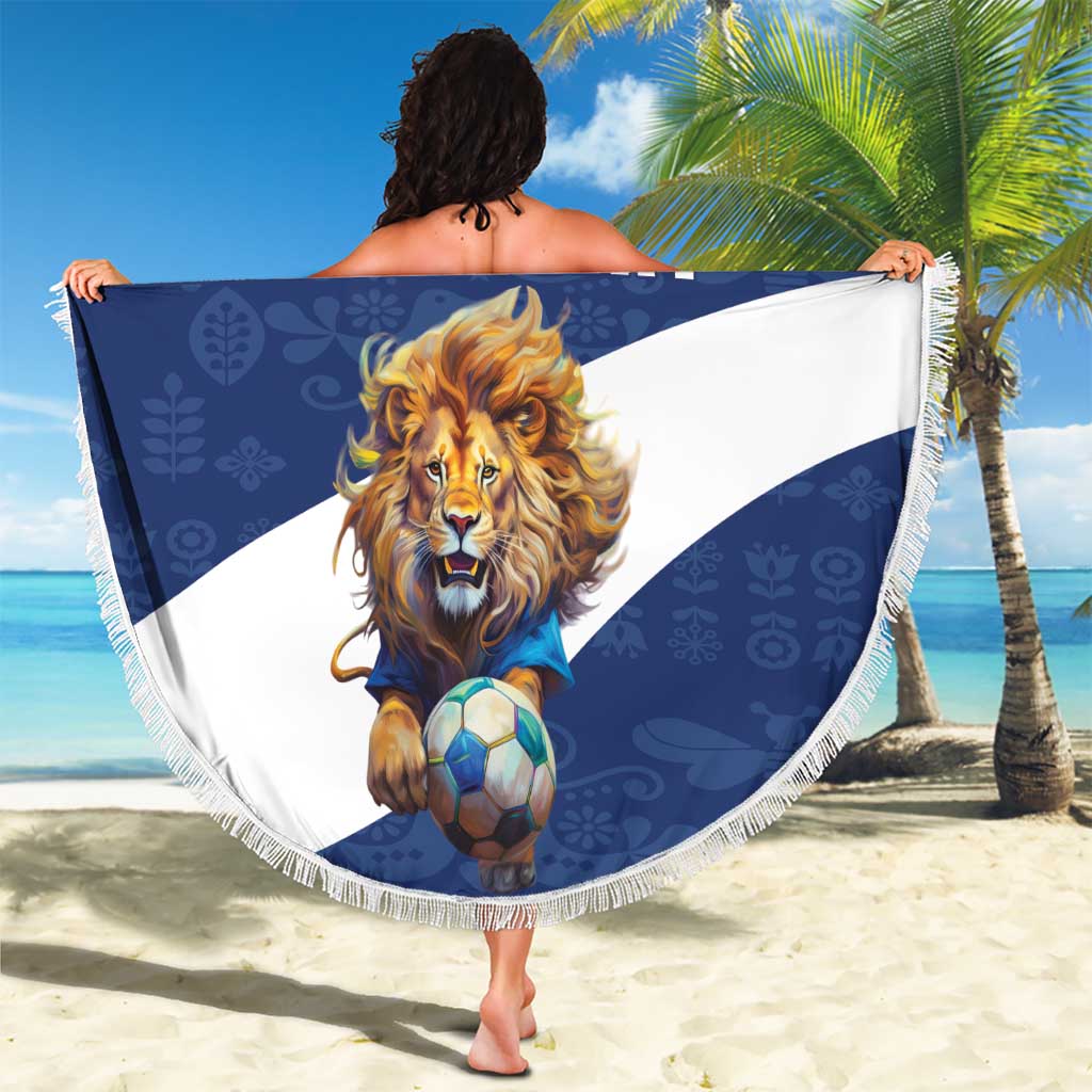 Custom Finland Football Lion Mascot Beach Blanket Huuhkajat with Finnish Folk Paterns