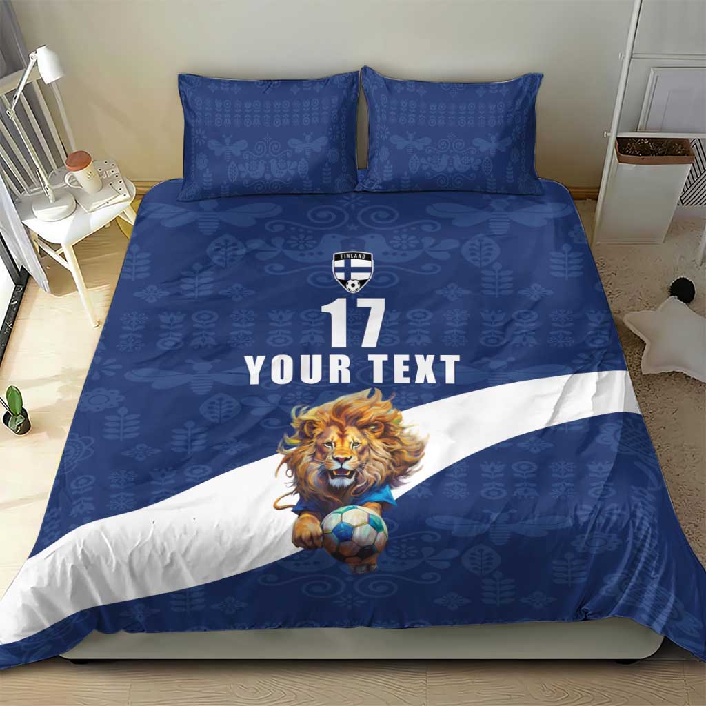 Custom Finland Football Lion Mascot Bedding Set Huuhkajat with Finnish Folk Paterns