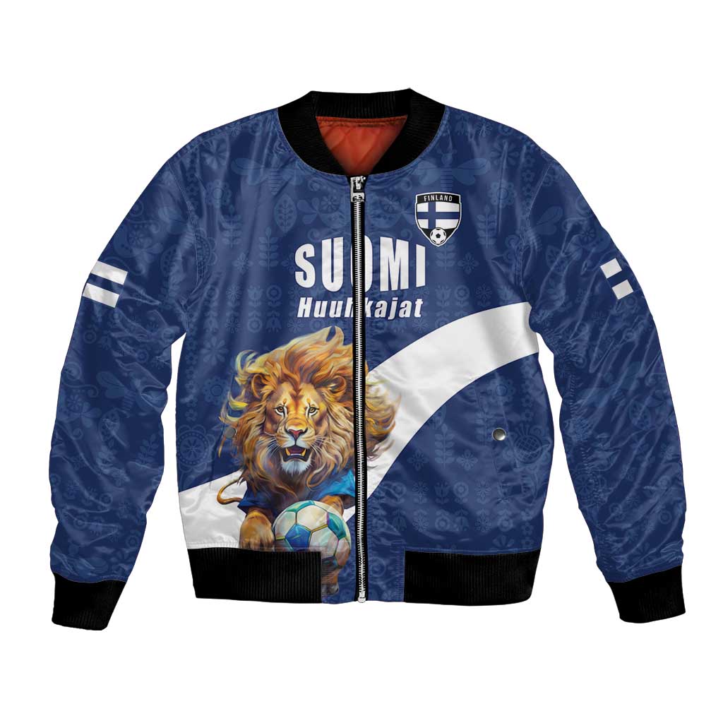 Custom Finland Football Lion Mascot Bomber Jacket Huuhkajat with Finnish Folk Paterns
