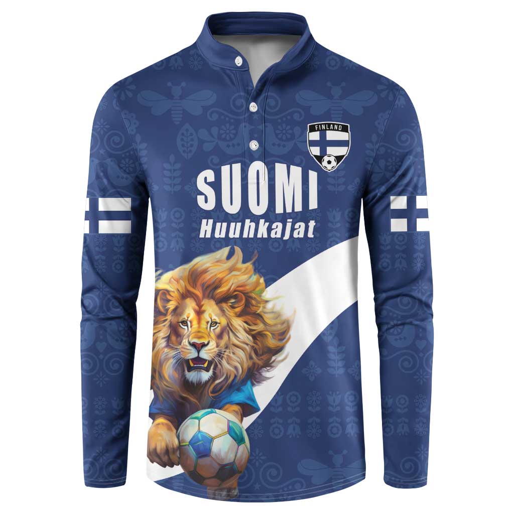 Custom Finland Football Lion Mascot Button Sweatshirt Huuhkajat with Finnish Folk Paterns