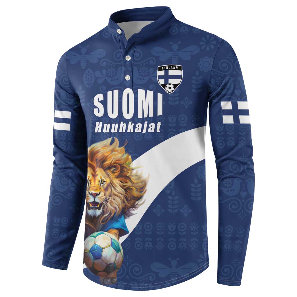 Custom Finland Football Lion Mascot Button Sweatshirt Huuhkajat with Finnish Folk Paterns