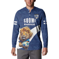 Custom Finland Football Lion Mascot Button Sweatshirt Huuhkajat with Finnish Folk Paterns