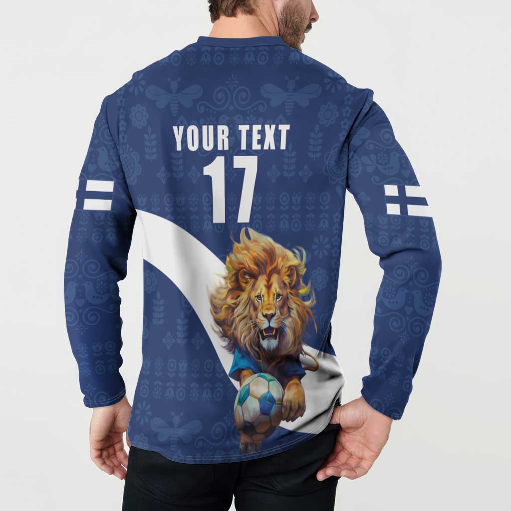 Custom Finland Football Lion Mascot Button Sweatshirt Huuhkajat with Finnish Folk Paterns