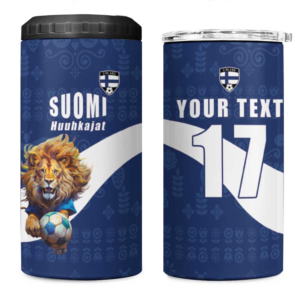 Custom Finland Football Lion Mascot 4 in 1 Can Cooler Tumbler Huuhkajat with Finnish Folk Paterns