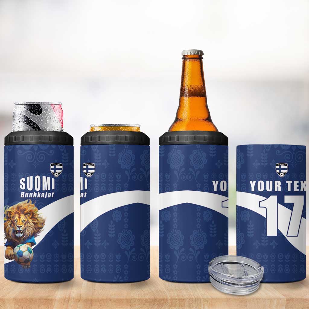 Custom Finland Football Lion Mascot 4 in 1 Can Cooler Tumbler Huuhkajat with Finnish Folk Paterns