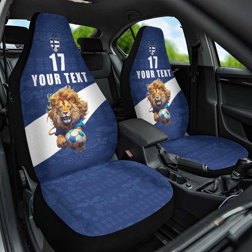 Custom Finland Football Lion Mascot Car Seat Cover Huuhkajat with Finnish Folk Paterns