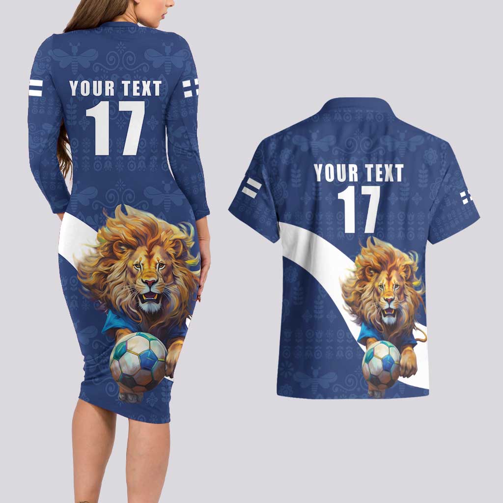 Custom Finland Football Lion Mascot Couples Matching Long Sleeve Bodycon Dress and Hawaiian Shirt Huuhkajat with Finnish Folk Paterns