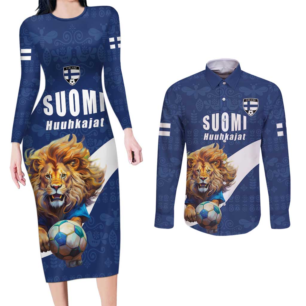 Custom Finland Football Lion Mascot Couples Matching Long Sleeve Bodycon Dress and Long Sleeve Button Shirt Huuhkajat with Finnish Folk Paterns