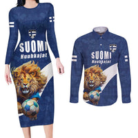 Custom Finland Football Lion Mascot Couples Matching Long Sleeve Bodycon Dress and Long Sleeve Button Shirt Huuhkajat with Finnish Folk Paterns