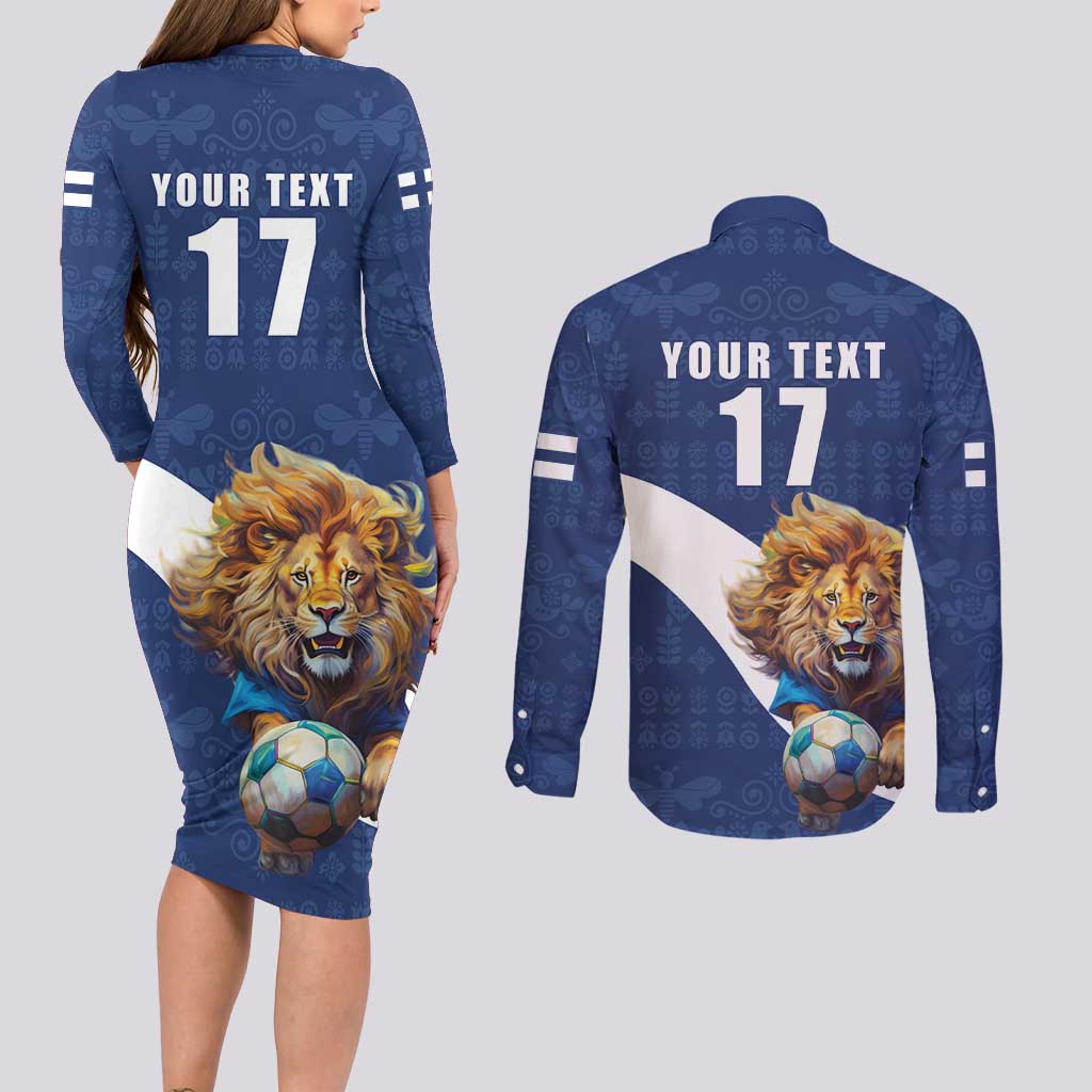 Custom Finland Football Lion Mascot Couples Matching Long Sleeve Bodycon Dress and Long Sleeve Button Shirt Huuhkajat with Finnish Folk Paterns