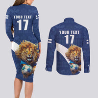 Custom Finland Football Lion Mascot Couples Matching Long Sleeve Bodycon Dress and Long Sleeve Button Shirt Huuhkajat with Finnish Folk Paterns