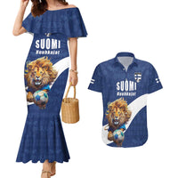 Custom Finland Football Lion Mascot Couples Matching Mermaid Dress and Hawaiian Shirt Huuhkajat with Finnish Folk Paterns