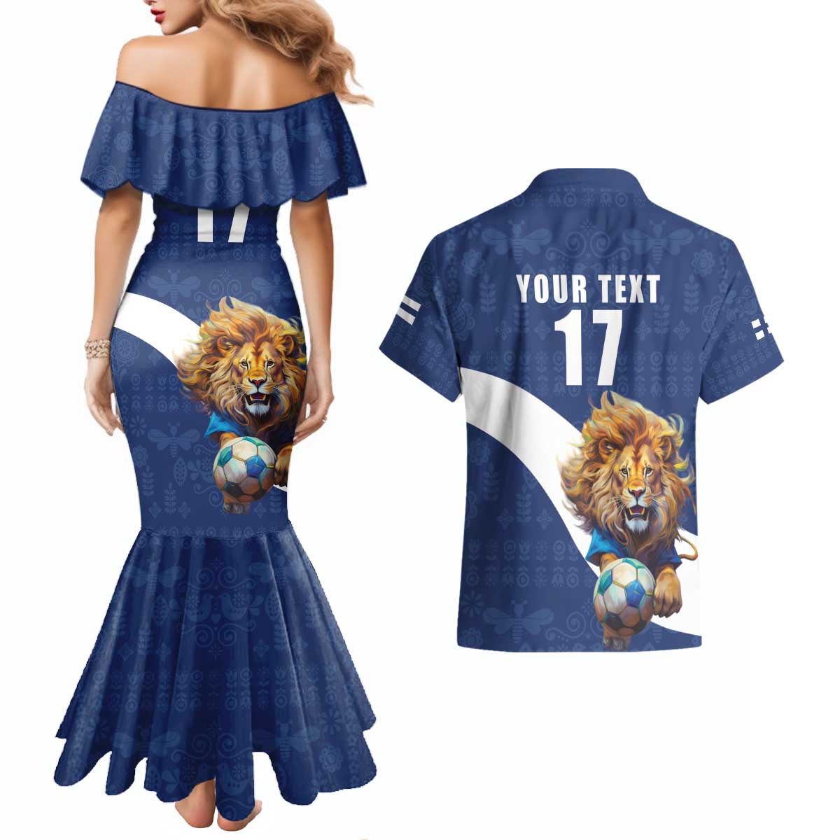 Custom Finland Football Lion Mascot Couples Matching Mermaid Dress and Hawaiian Shirt Huuhkajat with Finnish Folk Paterns