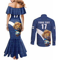 Custom Finland Football Lion Mascot Couples Matching Mermaid Dress and Long Sleeve Button Shirt Huuhkajat with Finnish Folk Paterns