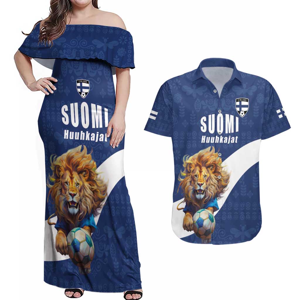 Custom Finland Football Lion Mascot Couples Matching Off Shoulder Maxi Dress and Hawaiian Shirt Huuhkajat with Finnish Folk Paterns