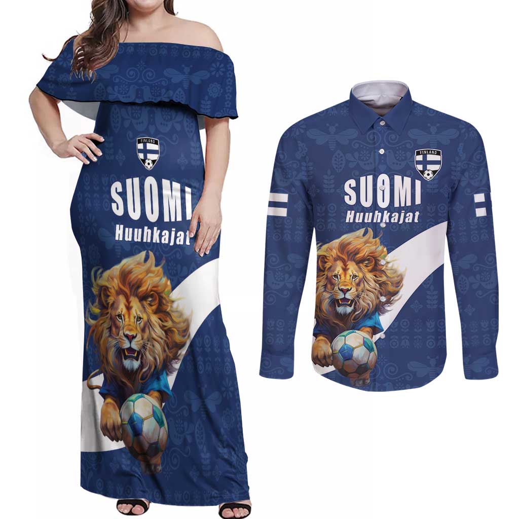 Custom Finland Football Lion Mascot Couples Matching Off Shoulder Maxi Dress and Long Sleeve Button Shirt Huuhkajat with Finnish Folk Paterns