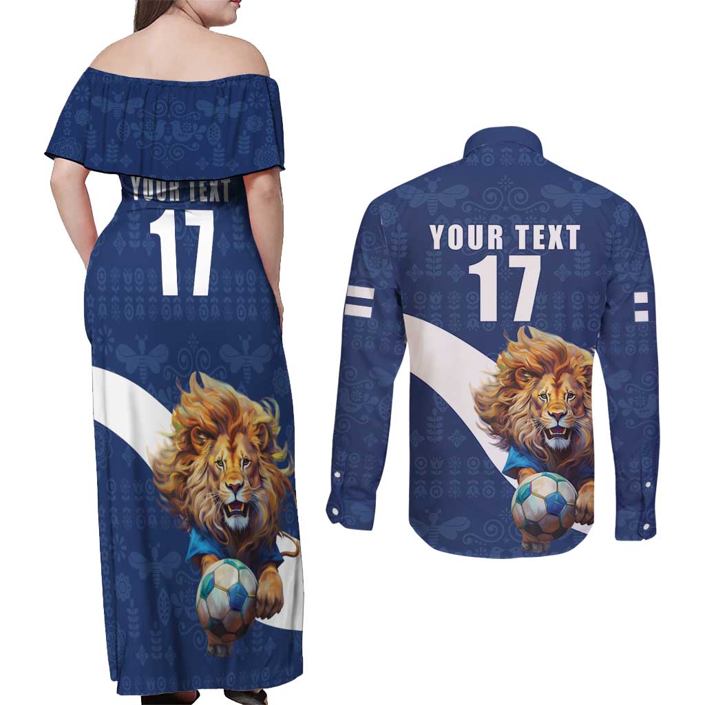 Custom Finland Football Lion Mascot Couples Matching Off Shoulder Maxi Dress and Long Sleeve Button Shirt Huuhkajat with Finnish Folk Paterns