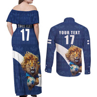 Custom Finland Football Lion Mascot Couples Matching Off Shoulder Maxi Dress and Long Sleeve Button Shirt Huuhkajat with Finnish Folk Paterns