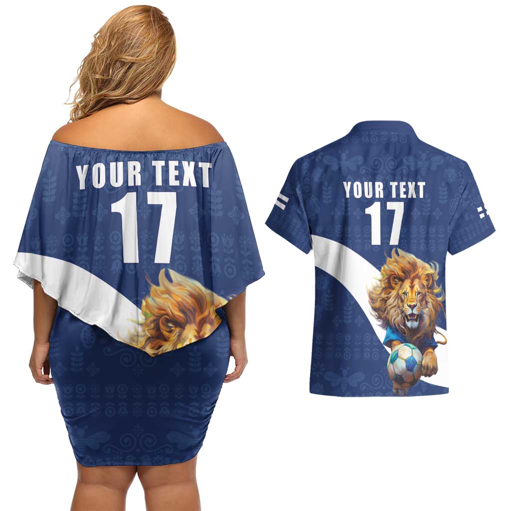 Custom Finland Football Lion Mascot Couples Matching Off Shoulder Short Dress and Hawaiian Shirt Huuhkajat with Finnish Folk Paterns