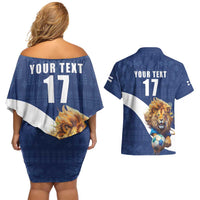 Custom Finland Football Lion Mascot Couples Matching Off Shoulder Short Dress and Hawaiian Shirt Huuhkajat with Finnish Folk Paterns