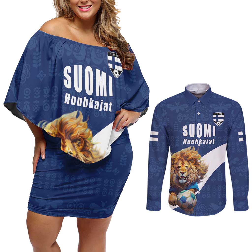Custom Finland Football Lion Mascot Couples Matching Off Shoulder Short Dress and Long Sleeve Button Shirt Huuhkajat with Finnish Folk Paterns