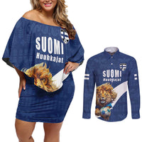 Custom Finland Football Lion Mascot Couples Matching Off Shoulder Short Dress and Long Sleeve Button Shirt Huuhkajat with Finnish Folk Paterns
