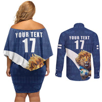 Custom Finland Football Lion Mascot Couples Matching Off Shoulder Short Dress and Long Sleeve Button Shirt Huuhkajat with Finnish Folk Paterns