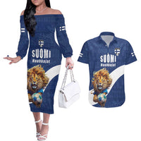 Custom Finland Football Lion Mascot Couples Matching Off The Shoulder Long Sleeve Dress and Hawaiian Shirt Huuhkajat with Finnish Folk Paterns