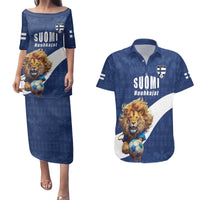 Custom Finland Football Lion Mascot Couples Matching Puletasi and Hawaiian Shirt Huuhkajat with Finnish Folk Paterns