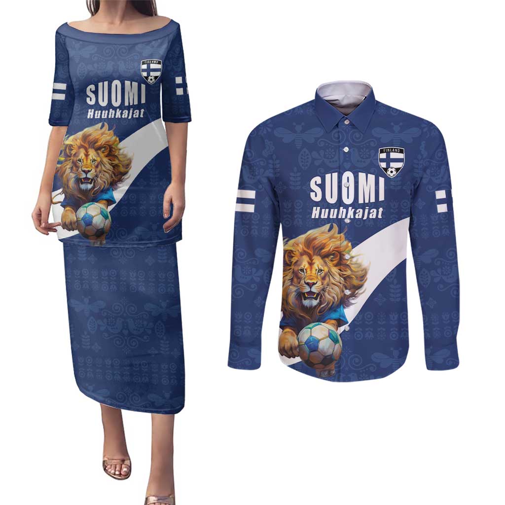 Custom Finland Football Lion Mascot Couples Matching Puletasi and Long Sleeve Button Shirt Huuhkajat with Finnish Folk Paterns
