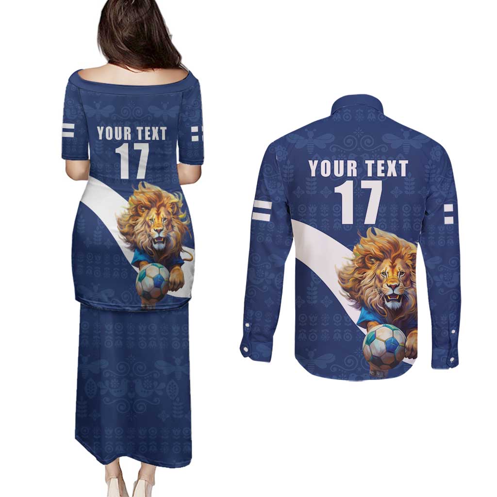 Custom Finland Football Lion Mascot Couples Matching Puletasi and Long Sleeve Button Shirt Huuhkajat with Finnish Folk Paterns