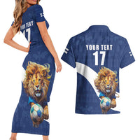Custom Finland Football Lion Mascot Couples Matching Short Sleeve Bodycon Dress and Hawaiian Shirt Huuhkajat with Finnish Folk Paterns