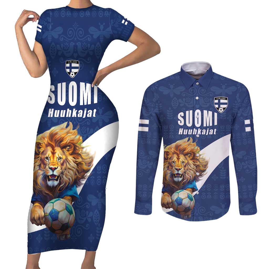 Custom Finland Football Lion Mascot Couples Matching Short Sleeve Bodycon Dress and Long Sleeve Button Shirt Huuhkajat with Finnish Folk Paterns