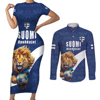 Custom Finland Football Lion Mascot Couples Matching Short Sleeve Bodycon Dress and Long Sleeve Button Shirt Huuhkajat with Finnish Folk Paterns